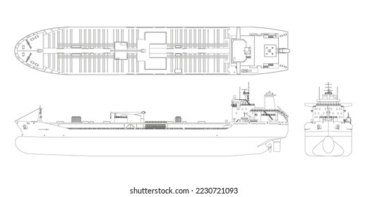 Tanker outline drawing. Contour cargo ship industrial blueprint. Petroleum boat view top, side and front. Isolated vehicle. Commerce water transport. Vector illustration