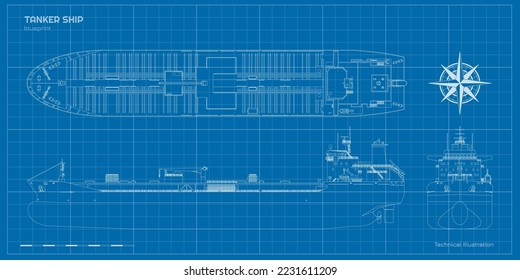 Tanker outline drawing. Contour cargo ship industrial blueprint. Petroleum boat view top, side and front. Vehicle document. Commerce water transport. Vector illustration svg