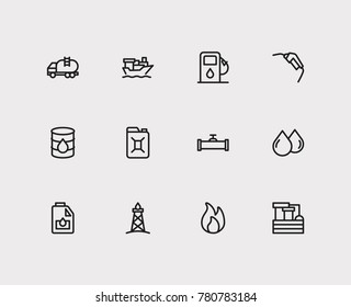 Tanker ship and energy icons set with gasoline pump nozzle, canister and chemistry factory. Set of energy icons including raindrop sign for your web app logo UI design.