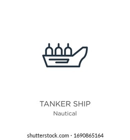 Tanker ship icon. Thin linear tanker ship outline icon isolated on white background from nautical collection. Line vector sign, symbol for web and mobile