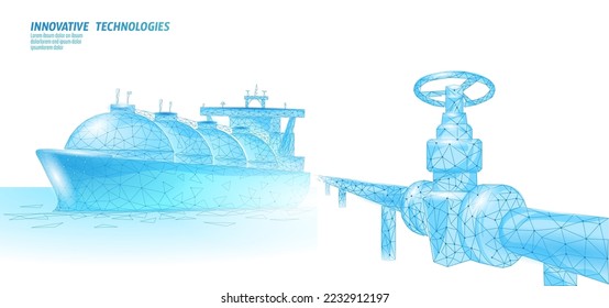 El buque cisterna liquidó el símbolo de transporte de gas. Tecnología de refinería de petróleo industrial de baja polilla 3D. Carga de combustible para gasolina. Ilustración del vector del tanque de GLP oceánico