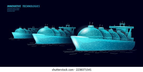 Tanker ship liquified gas transportation symbol. 3D low poly industrial oil refinery technology. Delivery petrol fuel cargo. Ocean LPG tank propane vector illustration