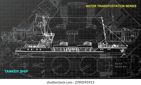 Modelo de barco cisterna. Papel de la pantalla de dibujo de líneas de la serie de transporte de agua. Dibujo artístico. Líneas de cuadrícula dibujando sobre fondo oscuro. 