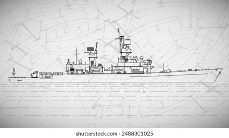Tanker ship model. Line art sketch wallpaper of water transportation series. Drafting art. Grid lines drawing against dark background.