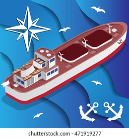 Tanker Ship on the waves. Isometric. Vector illustration.