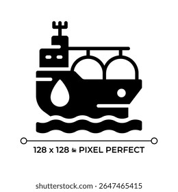 Tanker ship pixel perfect glyph solid icon. Fuel carrier vessel transporting cargo by sea. Marine transport type. Black silhouette symbol on negative space. Vector isolated illustration