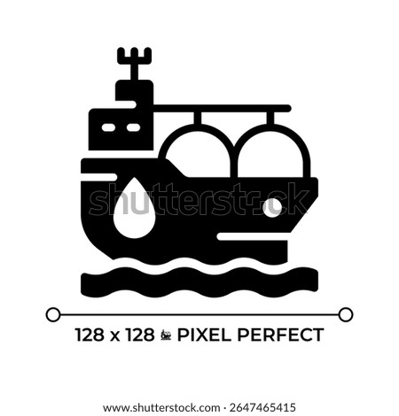 Tanker ship pixel perfect glyph solid icon. Fuel carrier vessel transporting cargo by sea. Marine transport type. Black silhouette symbol on negative space. Vector isolated illustration