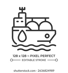 Tanker ship pixel perfect line icon. Fuel carrier vessel transporting cargo by sea. Marine transport type. Isolated vector illustration. Outline symbol. Simple linear drawing. Editable stroke