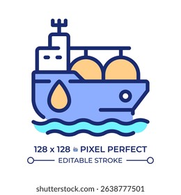 Tanker ship pixel perfect line color icon. Fuel carrier vessel transporting cargo by sea. Marine transport type. Isolated vector illustration. Flat colorful symbol design. Editable stroke