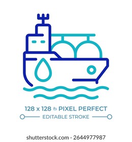 Tanker ship pixel perfect two color line icon. Fuel carrier vessel transporting cargo by sea. Marine transport bicolor outline symbol. Duotone linear pictogram. Isolated illustration. Editable stroke