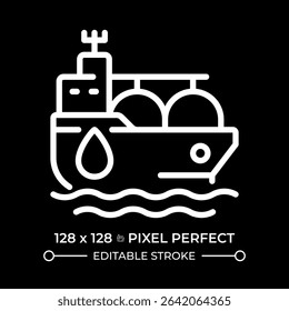 Tanker ship pixel perfect white line icon in negative space. Fuel carrier vessel transporting cargo by sea. Marine transport type. Monochrome linear symbol on black background. Editable stroke