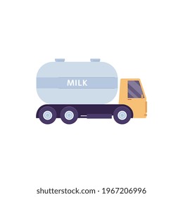 Tanker truck, car for transportation and delivery milk to factory on production dairy products. Side view on transport with caption milk. Flat vector illustration isolated on white