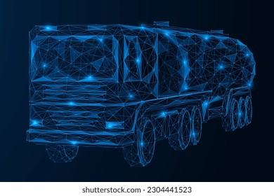 Tanker truck, cargo transportation of fuel. Low-poly design of lines and dots. Blue background.