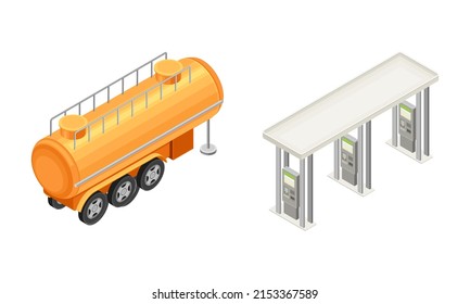 Tanker truck and gas station isometric vector illustration