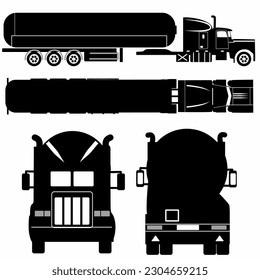 Silueta de icono del camión cisterna sobre fondo blanco. Iconos monocromáticos del vehículo establecen la vista desde el lado, frente, trasero y superior