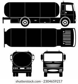 Tanker LKW Symbol Silhouette auf weißem Hintergrund. Einfarbige Fahrzeugsymbole, die von der Seite, der Vorderseite, der Rückseite und der Oberseite aus betrachtet werden