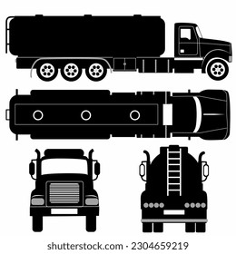 Tanker truck icon silhouette on white background. Vehicle monochrome icons set view from side, front, rear and top