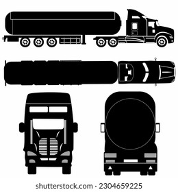 Tanker truck icon silhouette on white background. Vehicle monochrome icons set view from side, front, rear and top