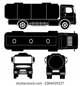 Tanker LKW Symbol Silhouette auf weißem Hintergrund. Einfarbige Fahrzeugsymbole, die von der Seite, der Vorderseite, der Rückseite und der Oberseite aus betrachtet werden