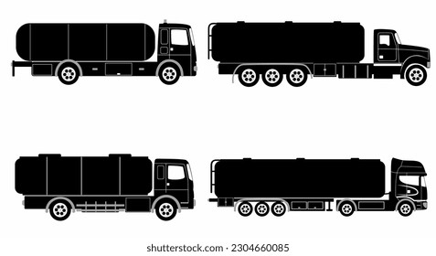 Tanker truck icon silhouette on white background. Vehicles monochrome icons set side view,