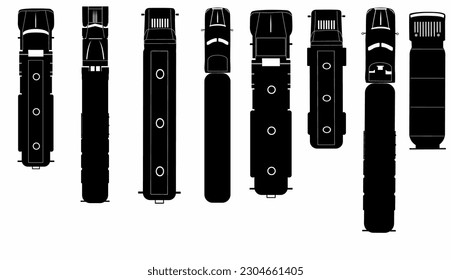 Tanker truck icon silhouette on white background. Vehicles monochrome icons set view from above