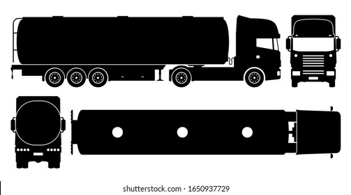 Tanker truck silhouette on white background. Vehicle icons set view from side, front, back, and top