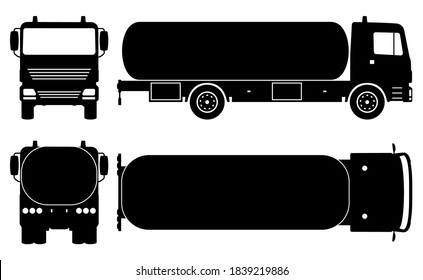 Tanker truck silhouette on white background. Vehicle monochrome icons set view from side, front, back, and top