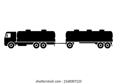 Tanker truck with trailer icon. Black silhouette. Side view. Vector simple flat graphic illustration. Isolated object on a white background. Isolate.