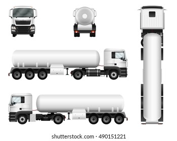 Tanker truck vector mock up for advertising, corporate identity. Isolated template of lorry tank on white background. All elements in the groups on separate layers. View from side, front, back, top.