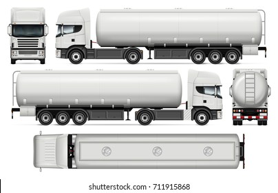 Tanker truck vector mock-up for car branding and advertising. Elements of corporate identity. Tank truck trailer template on white. All layers and groups well organized for easy editing and recolor.