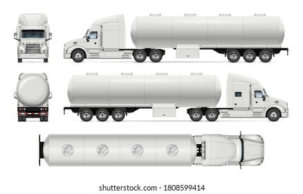 Tanker truck vector mockup on white for vehicle branding, corporate identity. View from side, front, back and top. All elements in the groups on separate layers for easy editing and recolor