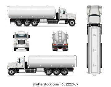 Tanker truck vector template for car branding and advertising. Isolated tank car set on white. All layers and groups well organized for easy editing and recolor. View from side, front, back, top.