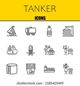 Tanker Vector Line Icons Set. Ship, Fuel Truck And Oils Icons. Thin Line Design. Modern Outline Graphic Elements, Simple Stroke Symbols Stock Illustration