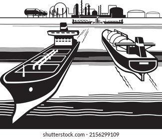 Camiones que navegan a la refinería de petróleo terminal de exportación marítima - ilustración vectorial