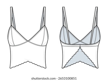 Tankini Top Técnico moda plana. Modelo de vetor de roupa de banho feminina. Vista frontal e traseira. Decote em V com tiras ajustáveis. Detalhe de Cabeça Escalada. Montagem CAD.