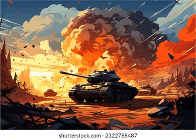 Tanks and artillery are used in an explosive battle between two opposing armies