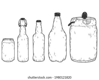 Tanks for beer. Set of five beverage bottles. Sketch scratch board imitation color.