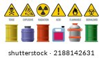 Tanks danger signs. Hazards storage symbols, vector chemical waste biohazard flammables toxic liquid substances containers warning icons