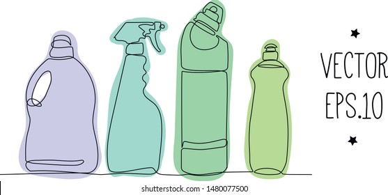 Tanks with detergents for cleaning the house. Cleaning. Cleaning, washing. drawing in one continuous line