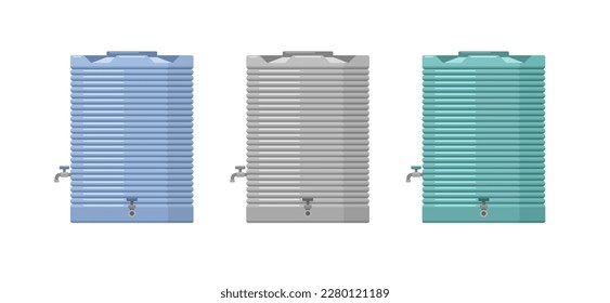 Tanks for rain water storage in garden. Big metal reservoirs, containers with taps for pipes and hoses, rainwater harvesting system. Vector flat cartoon set isolated on white background