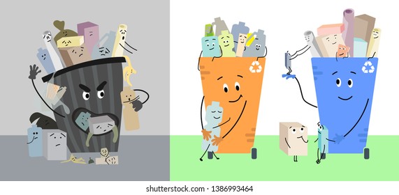 Tanks for separate garbage. Not eco-friendly trash can. Trash container for plastic and paper. Sort garbage. Characters cartoon. Vector.