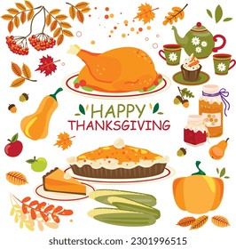 Tanksgivig autumn set: falling leaves, pumpkins, honey, tea set, pie and more. The elements of the autumn season, for notes, postcards, posters, invitations, and stickers. Vector illustration. 