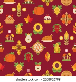 Tanksgiving day geometric seamles pattern with pumpkin, turkey, sunflower, pie, corn, leaves. Autumnal modern background. Wallpaper,  decorative texture for textile, fabric, packaging