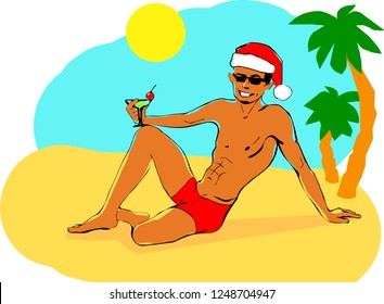 Tanned attractive man in santa's cap is having rest on the beach.