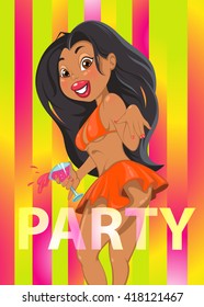 Tanned beautiful girl with a glass in hand. Vector illustration  on bright background