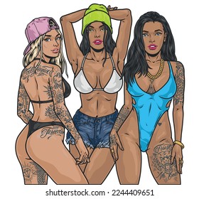 Tanned bikini girls colorful label beach style cocky beauties with trendy body tattoos stand and look at camera vector illustration