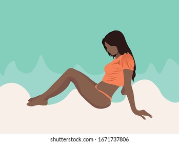 Chica negra enganchada relajándose a orillas del océano en la playa. Agua azul. Traje naranja. Vector