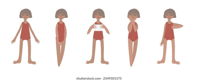 A tanned blonde girl with a bob in a pink swimsuit. Vector illustration. Character in five poses. Child in flat style.