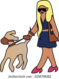 Tanned blonde woman in sunglasses with pink lips in blue suit on pink heels walking with her dogs vector illustration sticker logo