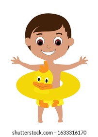 A tanned boy in a joyful mood spread his arms wide. The child is dressed in shorts and an inflatable yellow rubber ring in the form of a duckling. Cartoon flat summer vacation at sea or on the water.